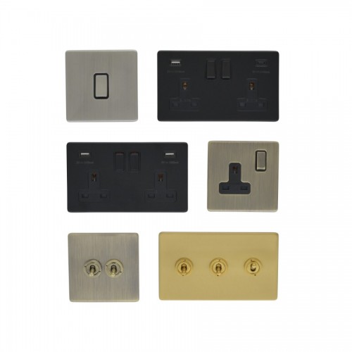 Screwless Flat Plate Sockets & Switches - Stainless Steel, Matt Black, Antique Brass and Brushed Brass