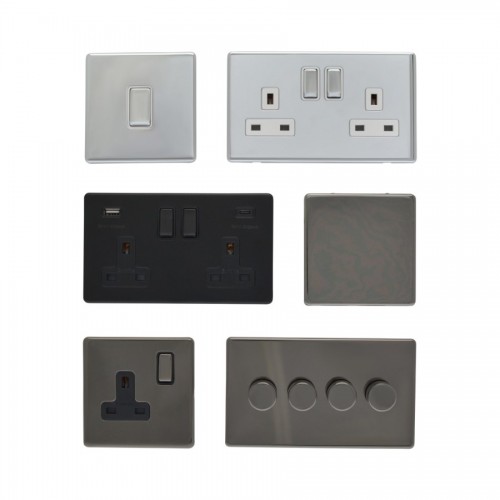 Screwless Flat Plate Sockets & Switches - Polished Chrome, Matt Black and Black Nickel