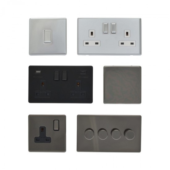 Screwless Flat Plate Sockets & Switches - Polished Chrome, Matt Black and Black Nickel