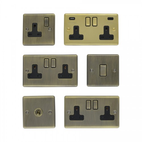 Raised Plate Sockets & Switches - Antique Brass and Satin/Brushed Brass
