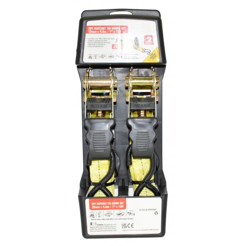 Ratchet Tie Down Set - Twinpack - 1in x 15ft - Pro. Quality